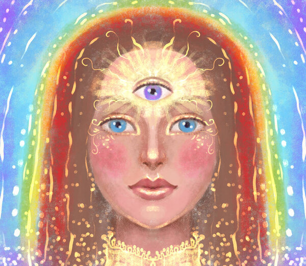 spiritual awakening. Bright portrait of a girl with a third eye in the forehead on the background colors of the chakras