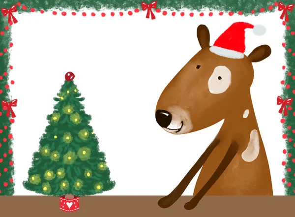 Biglietto Natale Disegnato Mano Con Simpatico Cucciolo Sorridente Con Posto — Foto Stock