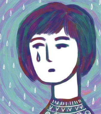 Ağlayan bir kadının portresi. Yanağında bir damla gözyaşı. Endişe ve depresyon.