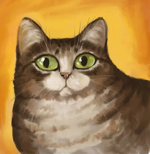 cute hand drawn cute funny hand drawn art portrait of tabby cat on orange background