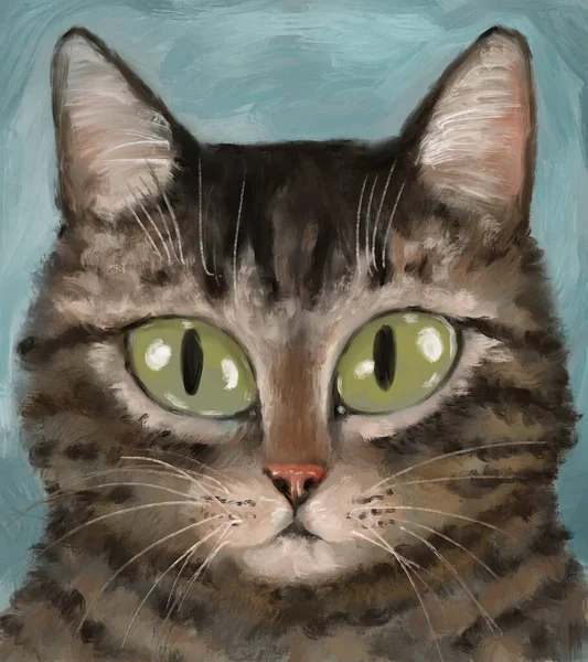 Милый Нарисованный Полосатый Красивый Художественный Портрет Кота Котенка — стоковое фото