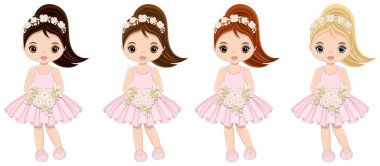 Cute Girls in Pastel Pink Dresses with Flowers vector