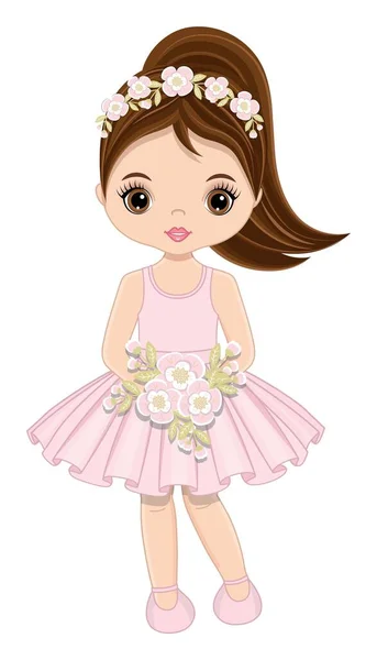 Linda chica en vestido rosa pastel con flores — Vector de stock