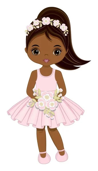 Fille noire en robe rose pastel tenant des fleurs — Image vectorielle