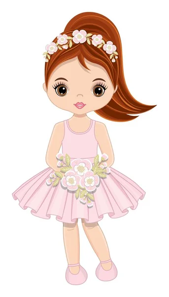 Cute Girl in Pastel Pink Dress with Flowers - Stok Vektor