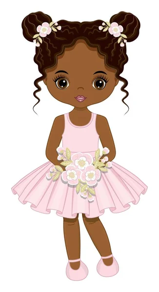 Negro linda chica en vestido rosa pastel con dos bollos — Vector de stock