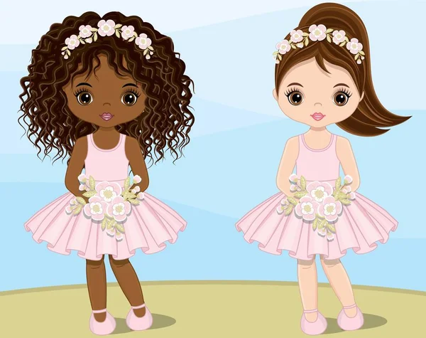 Χαριτωμένα κορίτσια σε παστέλ ροζ φορέματα με λουλούδια — Διανυσματικό Αρχείο