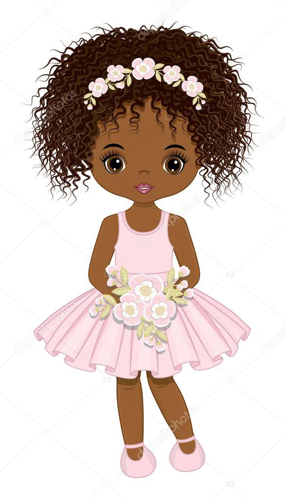 Black Girl in Pastel Pink Dress Holding Flowers