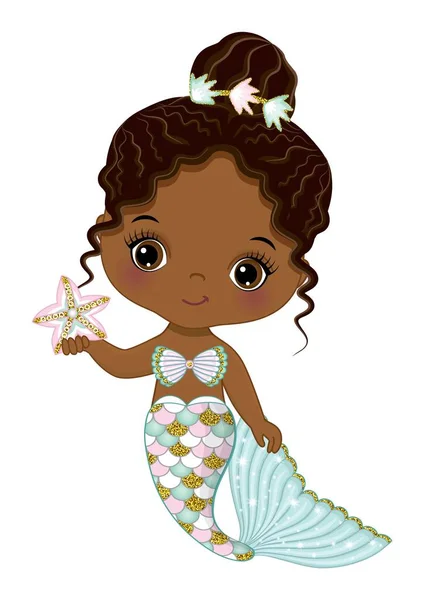 Afro-Amerikaanse kleine zeemeermin met zeester — Stockvector