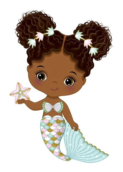 Afro-Amerikaanse kleine zeemeermin met zeester — Stockvector