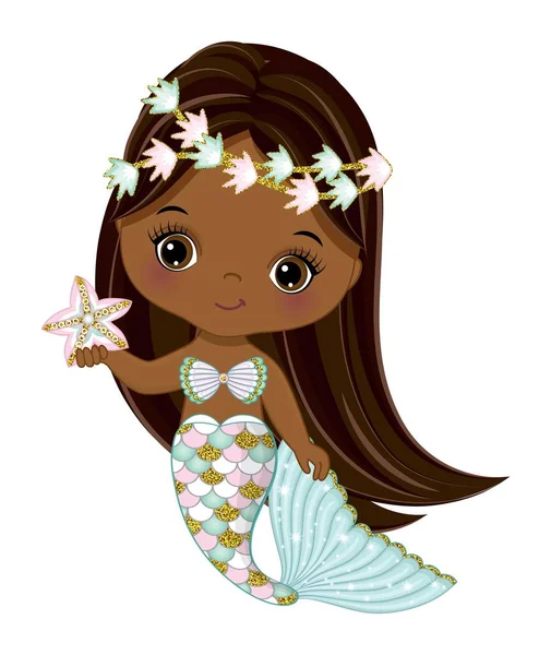 Petite sirène mignonne afro-américaine avec étoile de mer — Image vectorielle