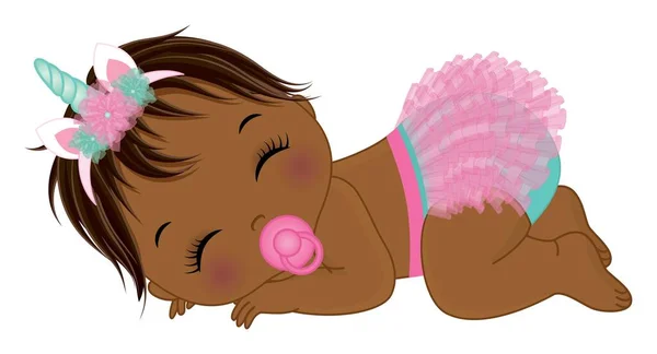 African American Unicorn Baby Girl in Pink Diaper — Stock Vector