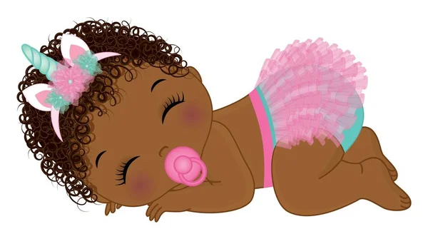穿着粉红尿布的非裔美国独角兽女婴 — 图库矢量图片
