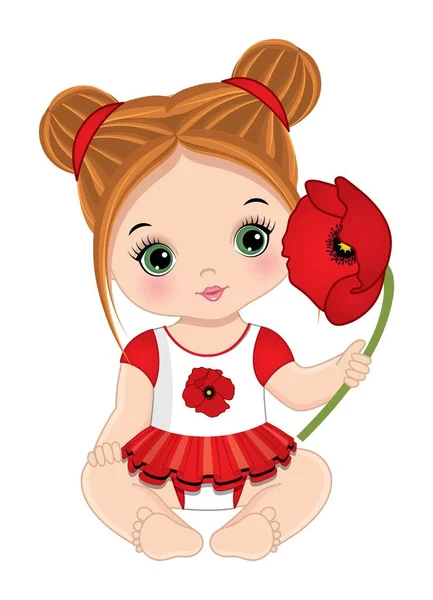 Vector Cute Redhead Little Baby Girl with Poppy — 스톡 벡터