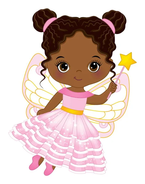 Cute African American Fairy Girl with Magic Wand — Stock Vector