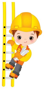 Vector Little Boy Merdiven 'e tırmanıyor. Vektör Küçük Yapıcı