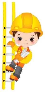 Vector Little Boy Merdiven 'e tırmanıyor. Vektör Küçük Yapıcı