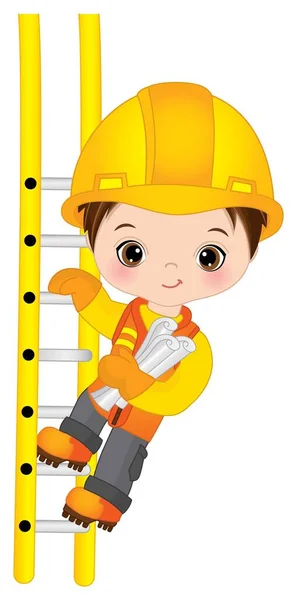 Vector Cute Little Boy Subir a Escada. Vector pequeno construtor — Vetor de Stock