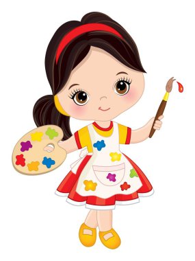 Palet ve Boya Fırçası olan Vektör Küçük Kız. Vektör Küçük Sanatçı