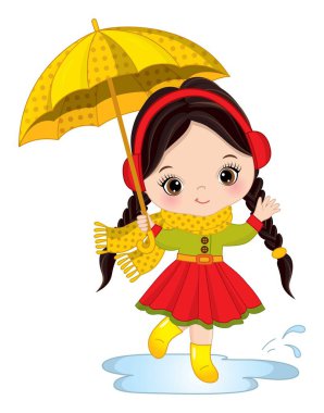 Sevimli, küçük, siyah saçlı, elinde şemsiye tutan kız. 