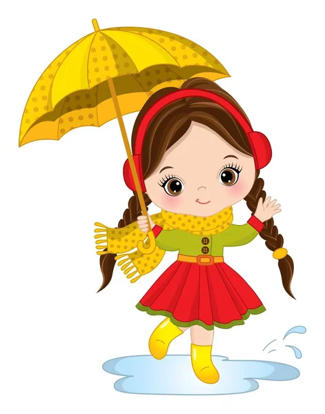 Cute Little Brunette Girl Holding Umbrella — Stock Vector