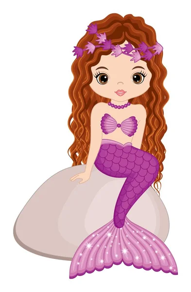 長い髪と紫色の魚の尾を持つかわいいマーメイド — ストックベクタ