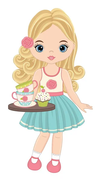 Beautiful Young Girl with Tea Cups and Cupcake — Stock Vector