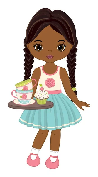 Hermosa chica negra con tazas de té y magdalena — Vector de stock