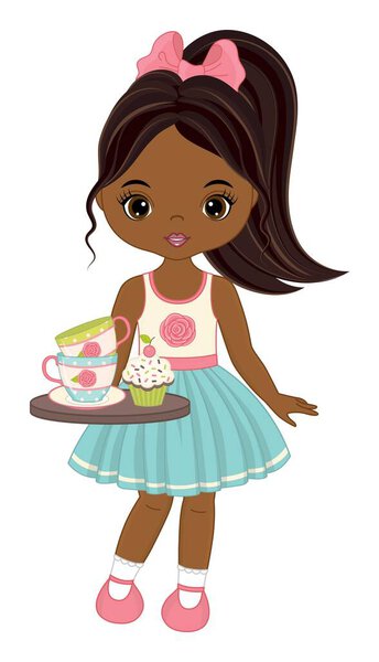 Beautiful Black Girl with Tea Cups and Cupcake