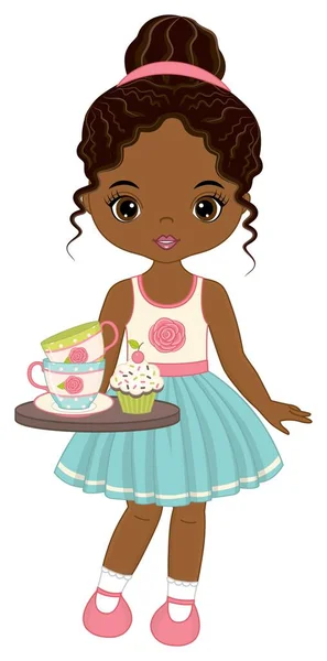 Hermosa chica negra con tazas de té y magdalena — Vector de stock