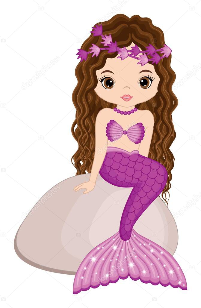 Cute Mermaid with Long Hair and Purple Fishtail