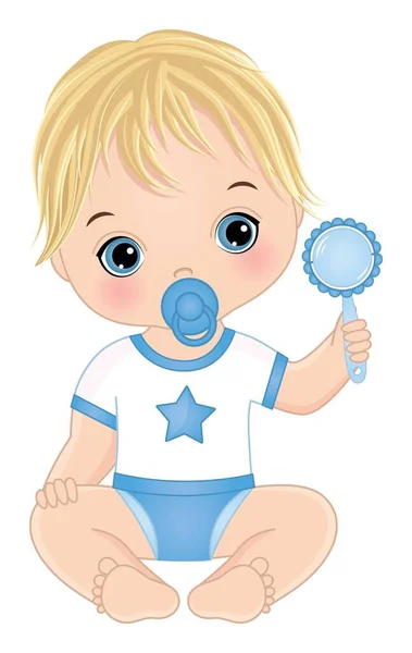 Vecteur mignon bébé garçon avec hochet et sucette — Image vectorielle