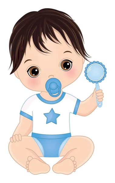 Vecteur mignon bébé garçon avec hochet et sucette — Image vectorielle