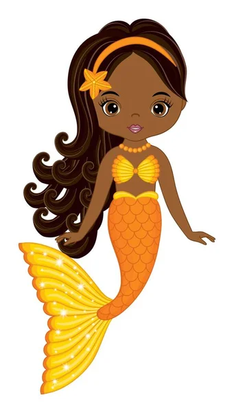 Afro-américain mignon sirène avec orange queue de poisson — Image vectorielle