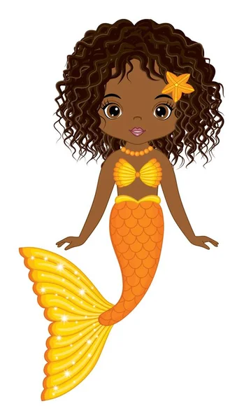 Afro-américain mignon sirène avec orange queue de poisson — Image vectorielle