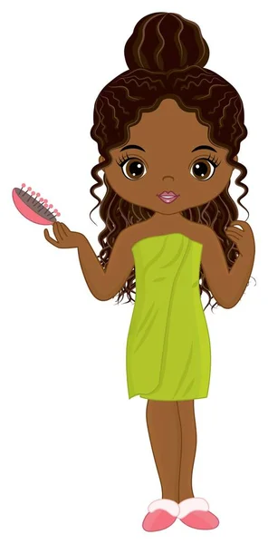 Διάνυσμα χαριτωμένο Spa μαύρο κορίτσι με πετσέτα και βούρτσα — Διανυσματικό Αρχείο