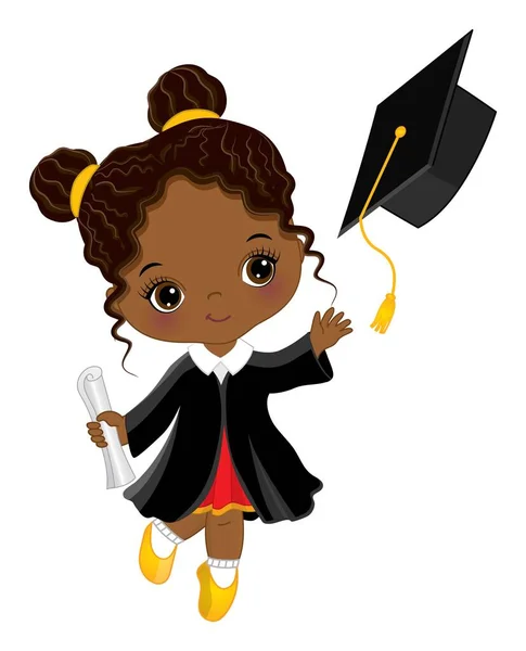 Випускний Симпатична маленька чорна дівчинка з дипломом — стоковий вектор