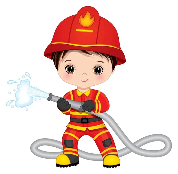 Bombero lindo niño con manguera de fuego — Vector de stock