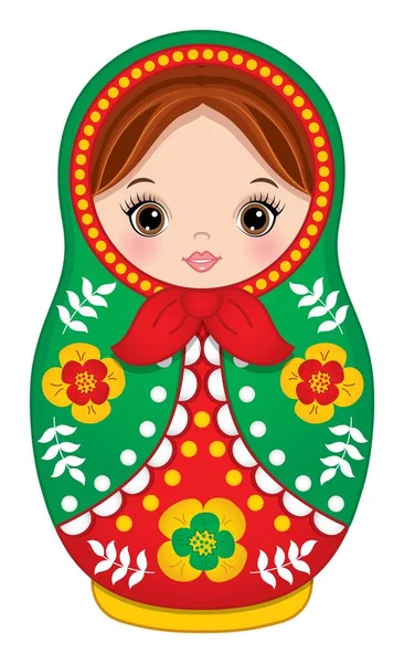 Cute Russian Matryoshka in Red and Green Color — Stock Vector