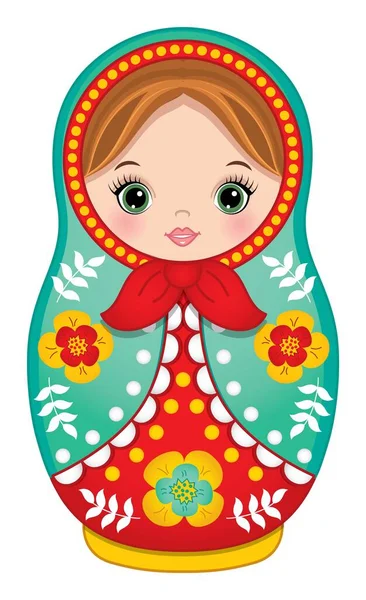 Cute Russian Matryoshka in Red and Green Color — Stock Vector