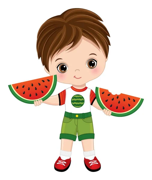 Söt liten pojke med vattenmelon — Stock vektor