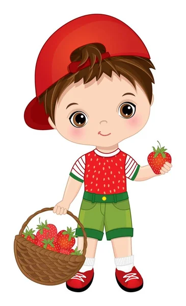 Lindo poco morena chico con cesta de fresas — Vector de stock