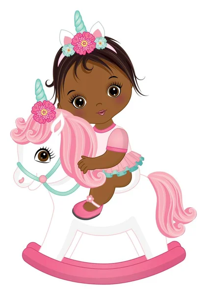Africain américain bébé fille équitation licorne — Image vectorielle