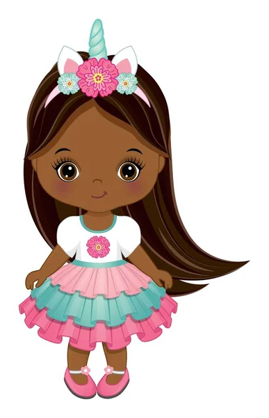 Cute African American Little Unicorn Baby Girl — Stock Vector