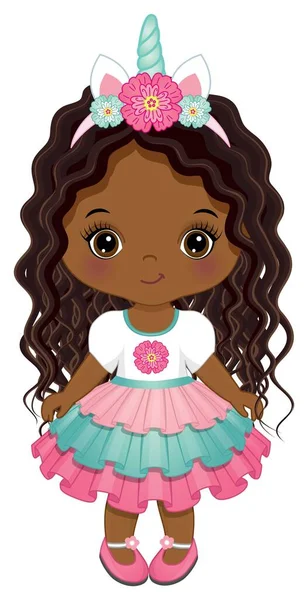Aranyos afro-amerikai kis unikornis kislány — Stock Vector