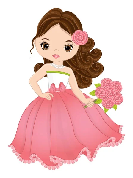 Hermosa chica sosteniendo ramo de rosas — Vector de stock