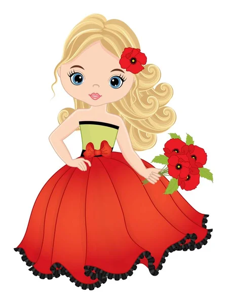 Hermosa chica con vestido rojo con amapolas — Vector de stock