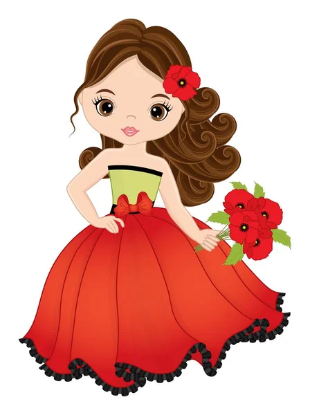 Όμορφο κορίτσι φορώντας κόκκινο φόρεμα με παπαρούνες — Διανυσματικό Αρχείο