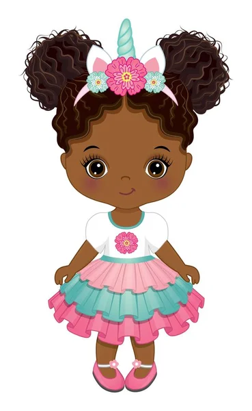 Mignon afro-américain petite licorne bébé fille — Image vectorielle