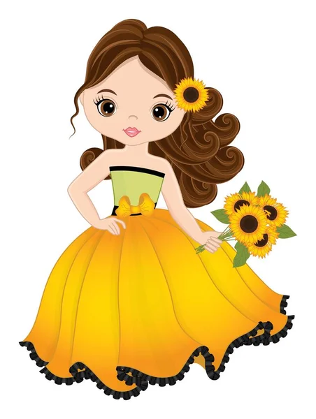 Belle fille tenant Bouquet de tournesols — Image vectorielle